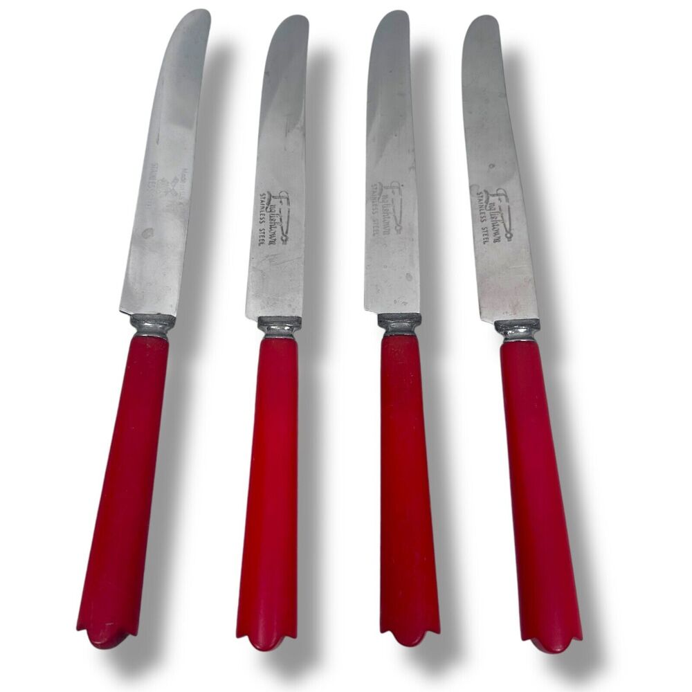 Vintage Englishtown Dinner Knives Lot 4 Stainless Steel and Red Bakelite Handle